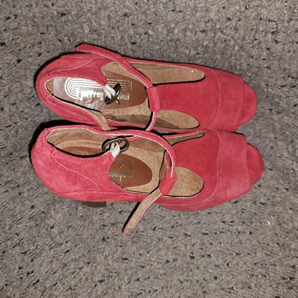 JEFFREY CAMPBELL-Foxy Wood Platform High Heel T-Strap-Red Suede-Sz39/9-Near Mint - Picture 7 of 8